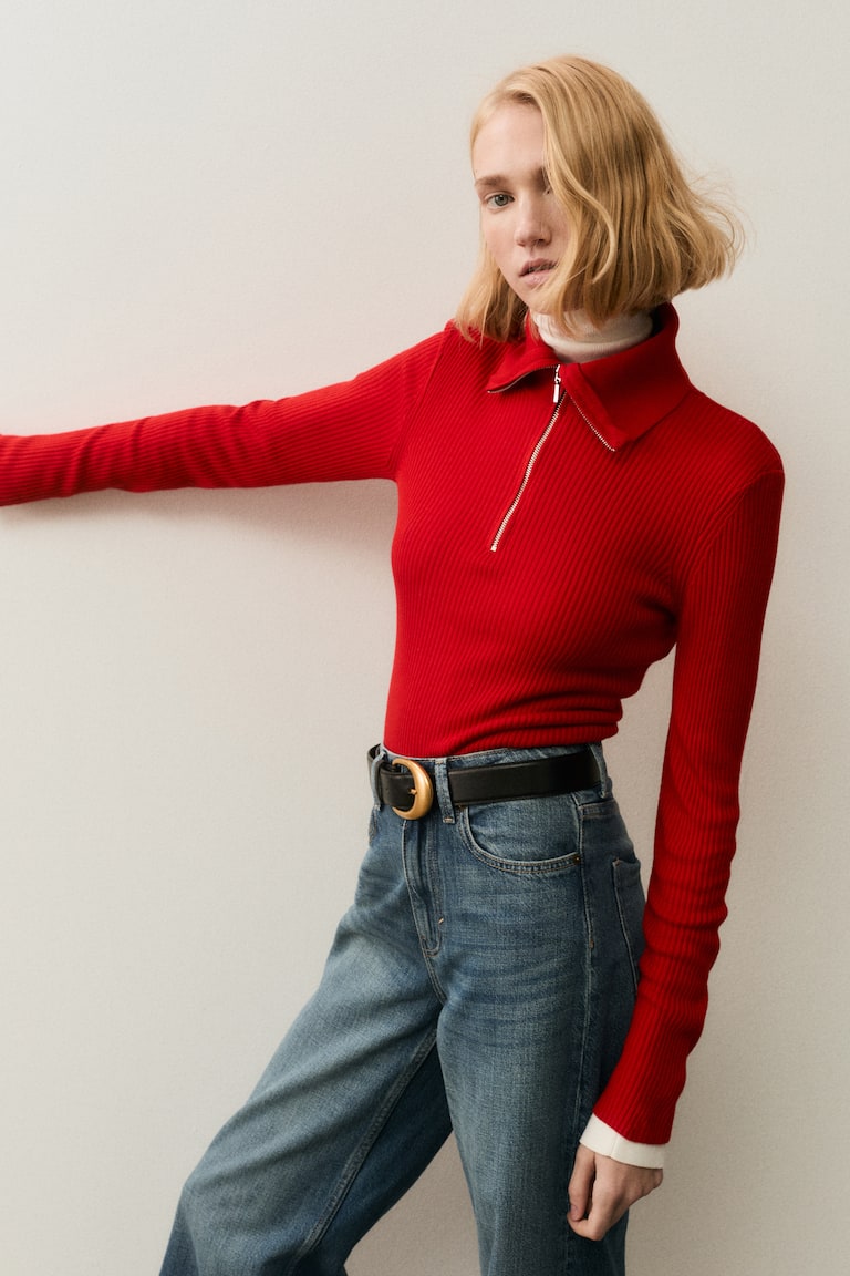 Rib-Knit Half-Zip Top