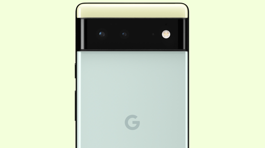 The back of a Google Pixel 6 in Sorta Seafoam