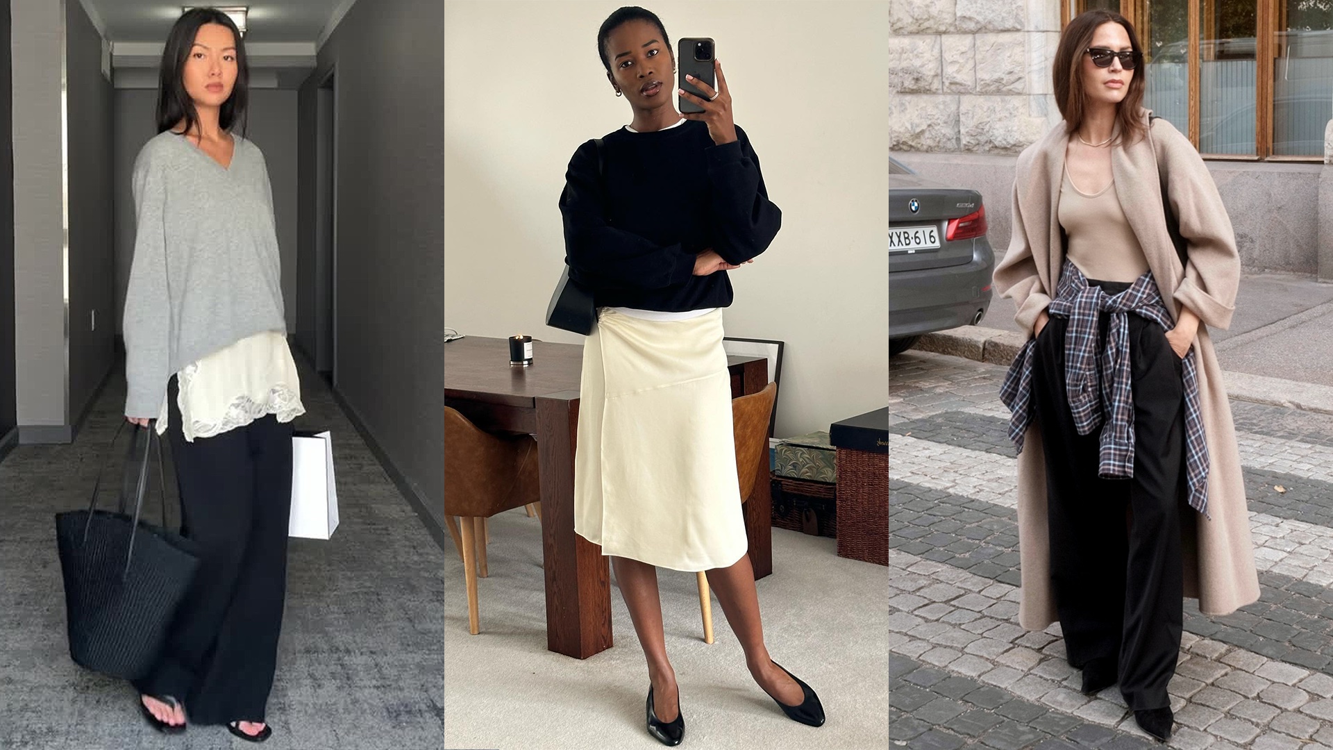 fashion collage of three style influencers including Mimi Nguyen, Marilyn Nwawulor-Kazemaks, and Johanna Piispa wearing chic fall outfits with layered lace-hem tops, sweaters, plaid shirt, camel coat, and more