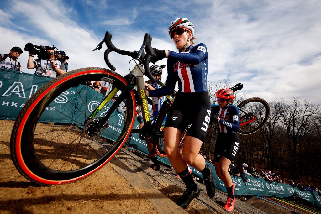 FAYETTEVILLE ARKANSAS JANUARY 30 LR Katie Clouse of United States and Madigan Munro of United States compete during the 73rd UCI CycloCross World Championships Fayetteville 2022 Womens U23 Fayetteville2022 on January 30 2022 in Fayetteville Arkansas Photo by Chris GraythenGetty Images