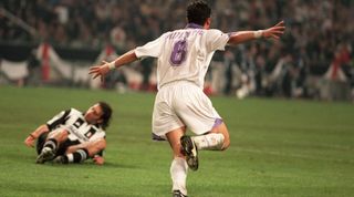 Predrag Mijatovic celebrates scoring the winning goal against Juventus in the 1998 Champions League final