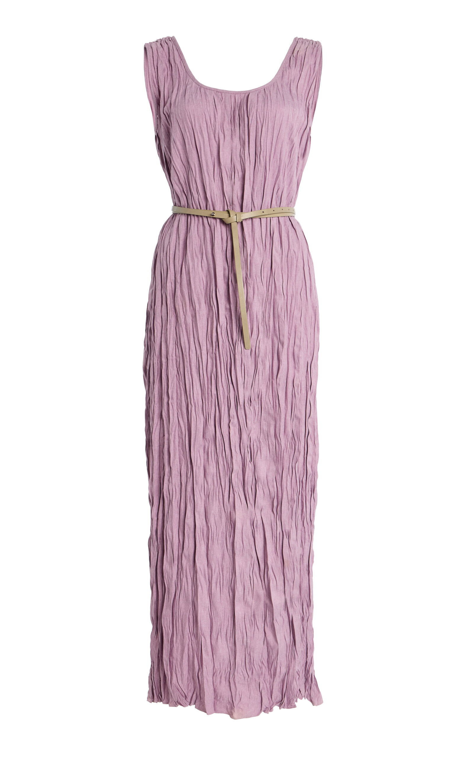 Belted Hand-Plissé Midi Dress