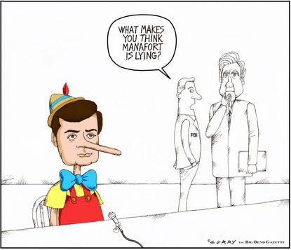 Political cartoon U.S. Paul Manafort lies Pinocchio FBI Robert Mueller Russia investigation