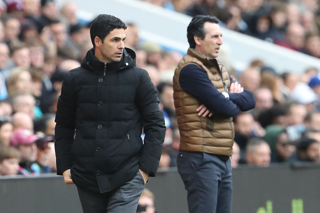 Arsenal&#039;s Spanish manager Mikel Arteta (L) and Aston Villa&#039;s Spanish head coach Unai Emery (R) watch from the touchline during the English Premier League football match between Aston Villa and Arsenal at Villa Park in Birmingham, central England on February 18, 2023.