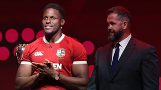 Maro Itoje and Andy Farrell during the Lions squad announcement.