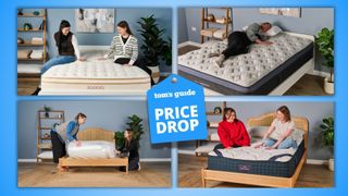 A collage of images, showing mattresses being tested. In the top left, two members of the Tom's Guide sleep team sit on the Saatva Classic mattress. Top right, a mattress tester lies on the Helix Midnight Luxe mattress. Bottom left, two women on box a rolled up mattress in a box. Bottom right, two women sit on the DreamCloud Hybrid Mattress. A Tom's Guide price drop deals badge in the center.
