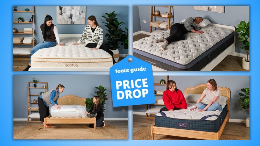 A collage of images, showing mattresses being tested. In the top left, two members of the Tom&#039;s Guide sleep team sit on the Saatva Classic mattress. Top right, a mattress tester lies on the Helix Midnight Luxe mattress. Bottom left, two women on box a rolled up mattress in a box. Bottom right, two women sit on the DreamCloud Hybrid Mattress. A Tom&#039;s Guide price drop deals badge in the center.
