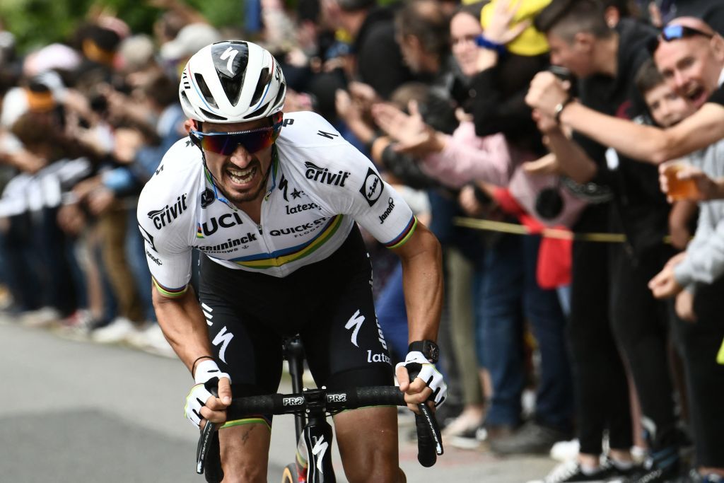 Team Deceuninck Quicksteps Julian Alaphilippe of France rides ahead during the 1st stage of the 108th edition of the Tour de France cycling race 197 km between Brest and Landerneau on June 26 2021 Photo by Philippe LOPEZ AFP Photo by PHILIPPE LOPEZAFP via Getty Images