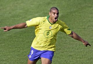 Adriano celebrates a goal for Brazil at the 2005 Confederations Cup in Germany.