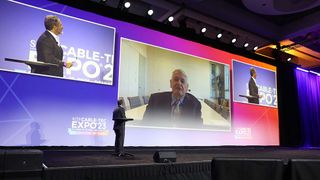 Mike Fries interviews John Malone remotely at Cable-Tec Expo
