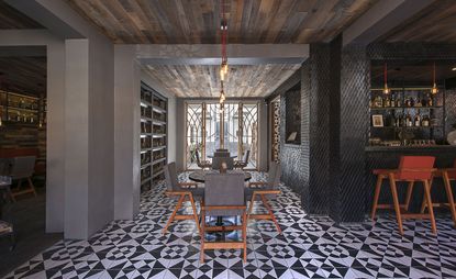 Interior design of restaurant with ceramic floor tiles
