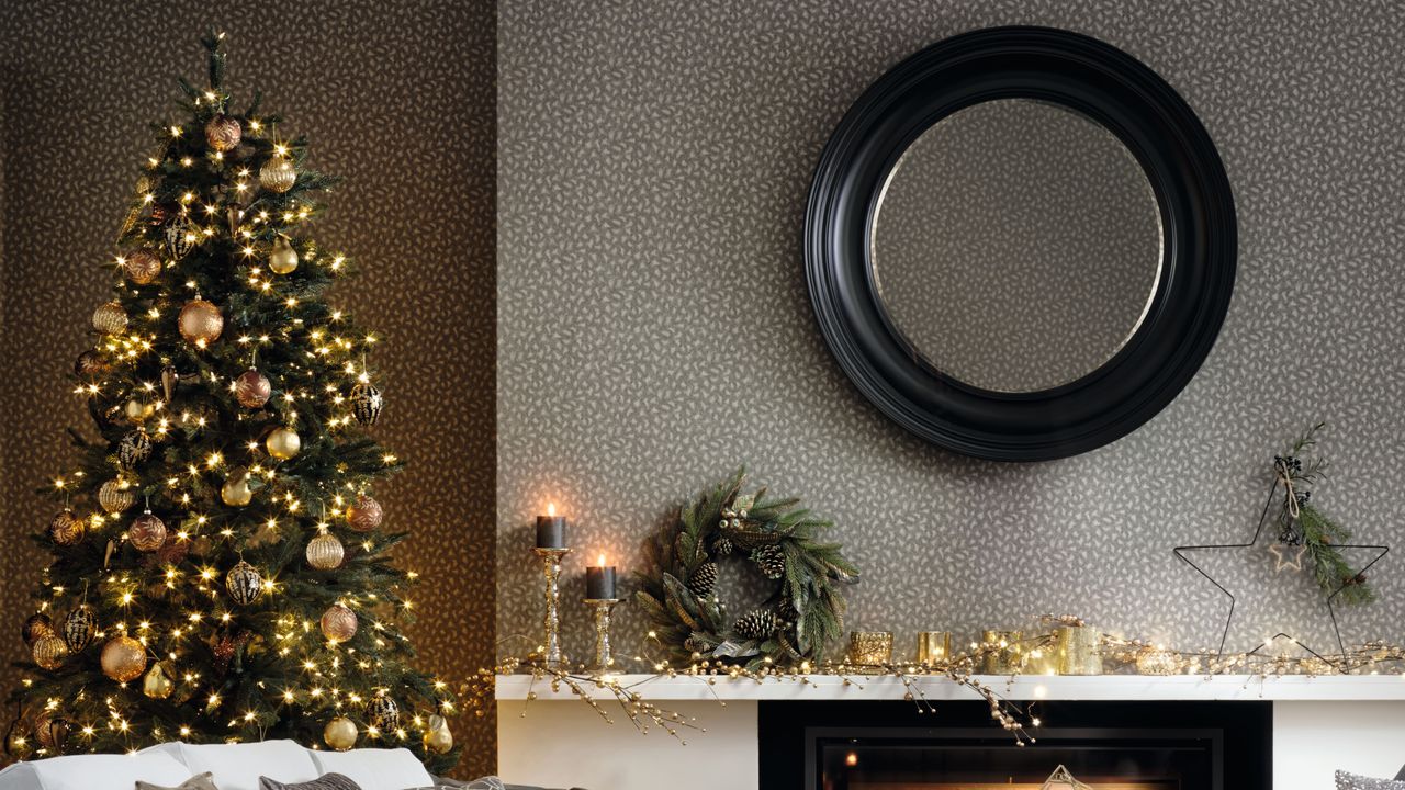 Living room with Christmas tree and festive decorations