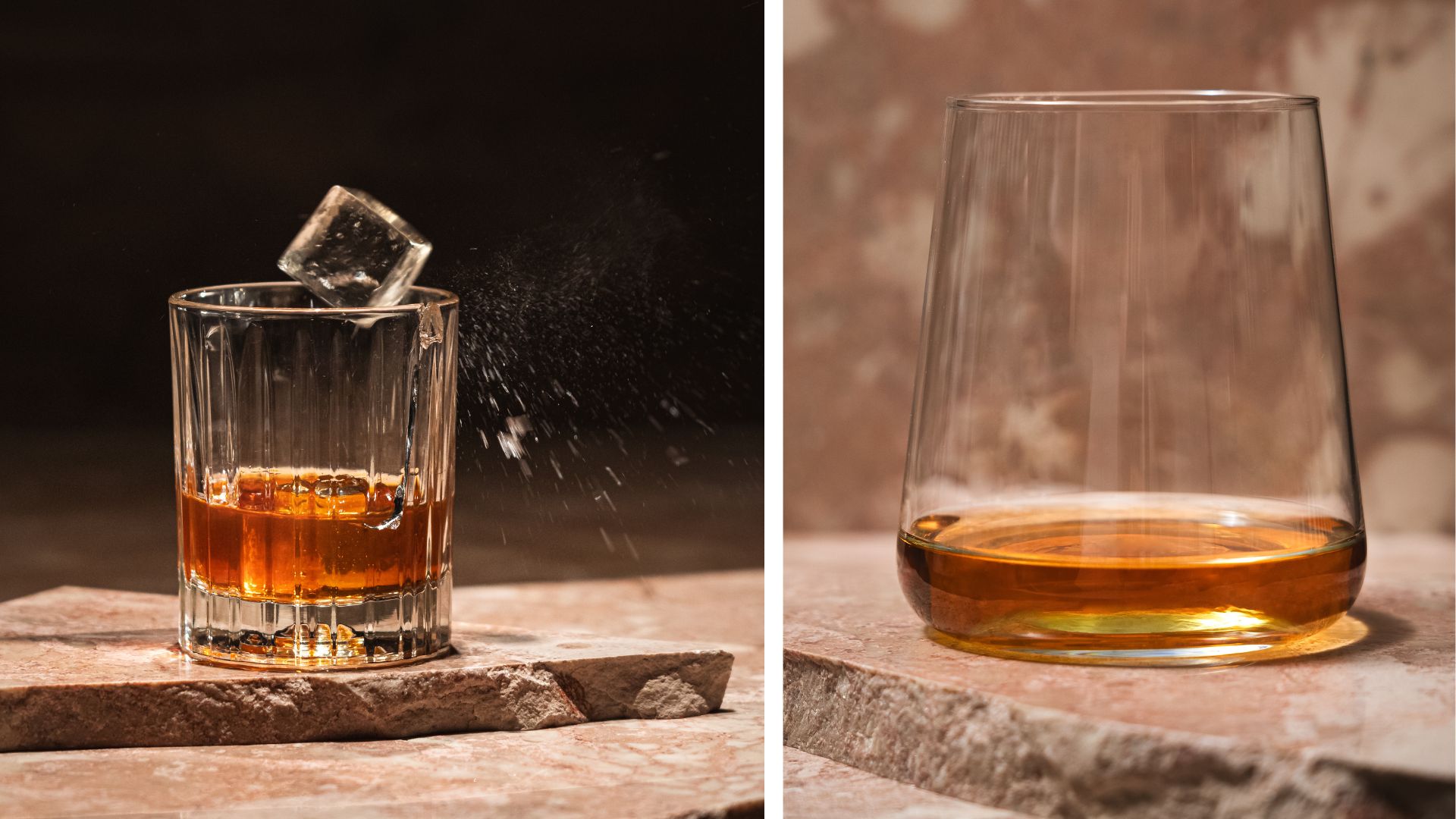 an image of two different glasses of whisky, the left is Toffee Dream, poured with a single measure over a large ice cube, with another ice cube being dropped into the glass. On the right is Mellow Spice whisky is a glass tumbler. It has a single measure served neat