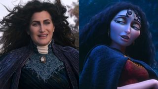 From left to right: Kathryn Hahn as Agatha in WandaVision and Mother Gothel in Tangled. 