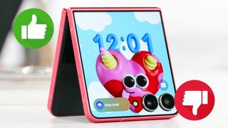 Galaxy Z Flip 7 with thumbs up and thumbs down icons