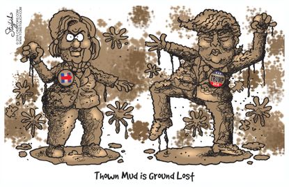 Political cartoon U.S. Hillary Clinton Donald Trump mud slinging election 2016