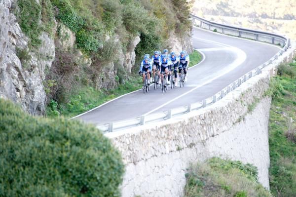 The Garmin riders make their way up one of the long climbs on their six hour ride