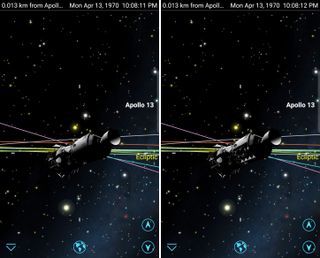 Sit back and watch events unfold in the app - or use SkySafari’s time flow controls to pause, rewind, or change the speed of the action. These two frames show the spacecraft before and after Apollo 13’s catastrophic Cryotank explosion, which occurred on Monday, April 13, 1970 at 10:08:11 pm Eastern Time.