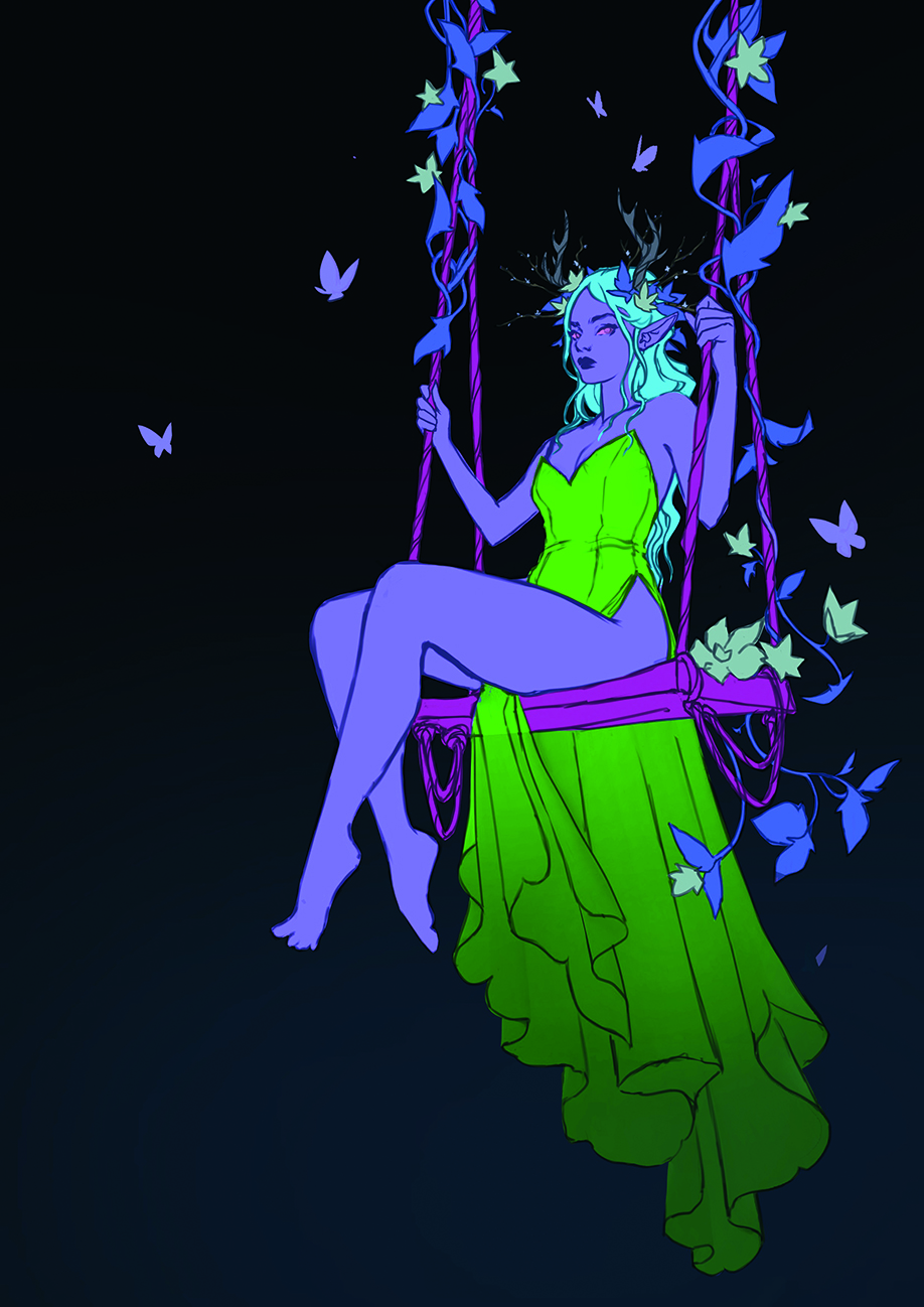 Digital art showing a fairy on a swing