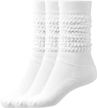 Bomkinta Slouch Socken Damen Oberschenkelhohe Stiefelsocken Weiche Rüschensocken Größe 5–11 3 Paar Packung Weiß Weiß Weiß