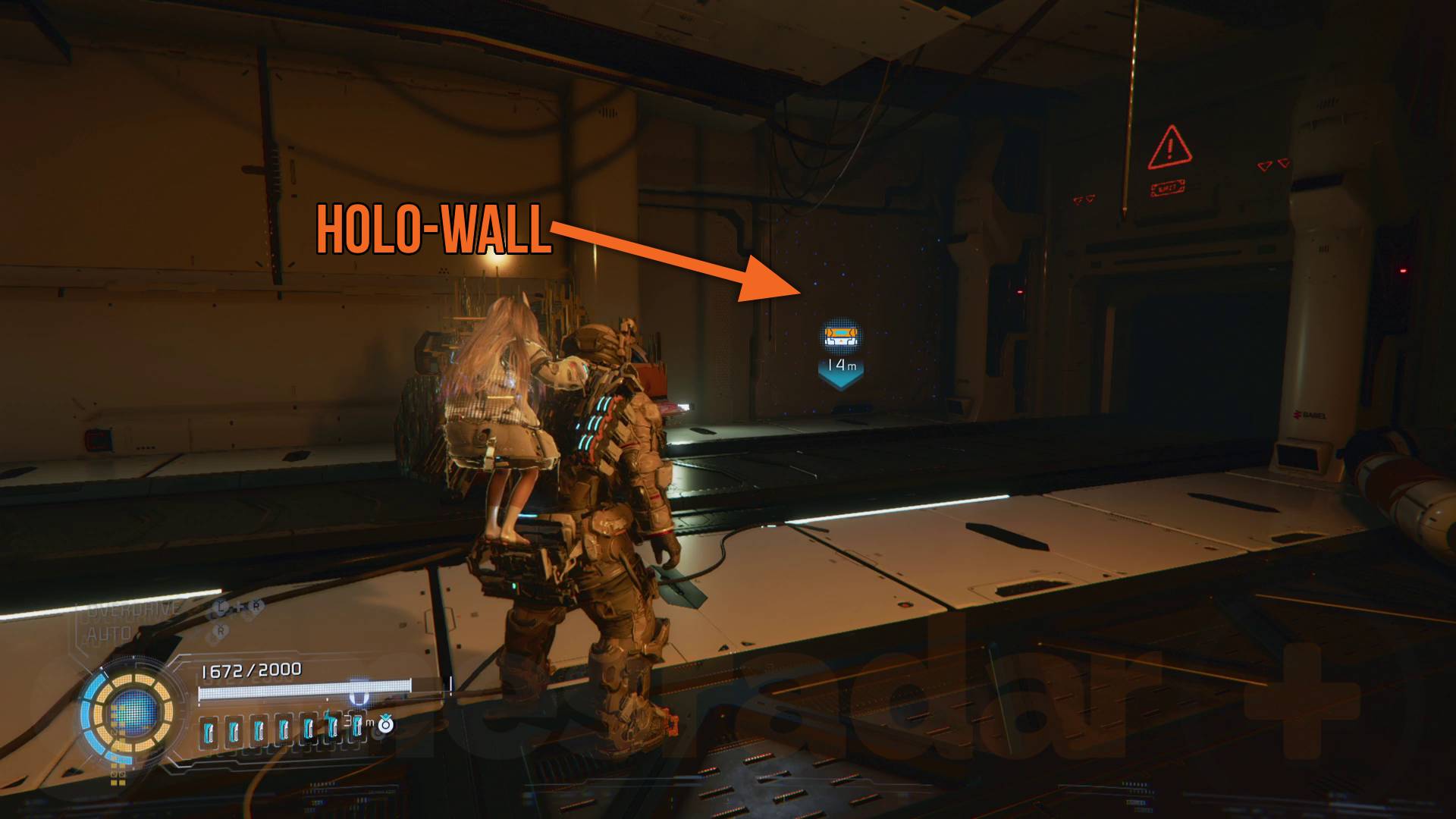 Pragmata MPA collectibles lim recycling facility conveyor belt room with holo-wall hiding safe box