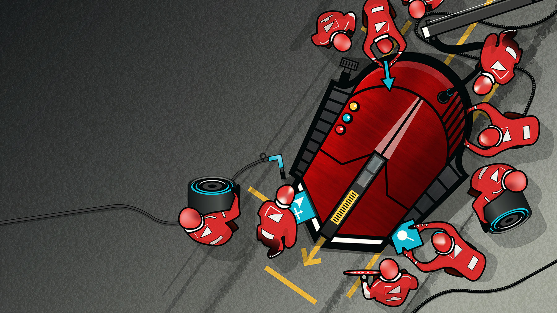 Pit stop workers fixing a computer mouse like a race car