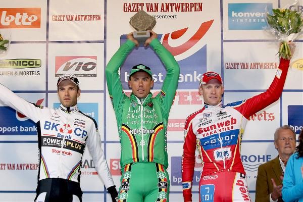 2012 Koppenbergcross podium (L-R): Niels Albert, 2nd; Sven Nys, 1st; Klaas Vantornout, 3rd