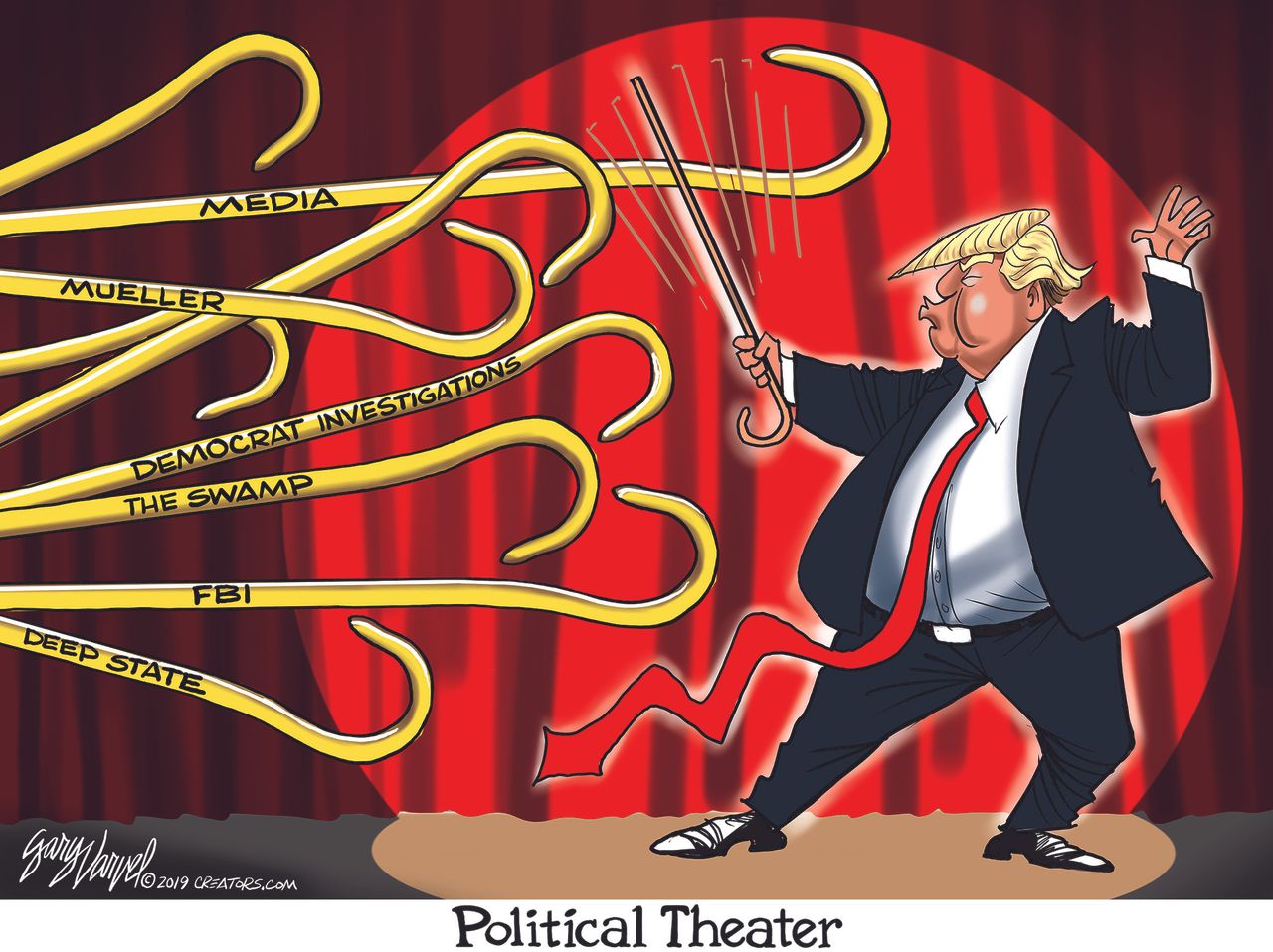 Political cartoon U.S. Trump Mueller democrats FBI political theater