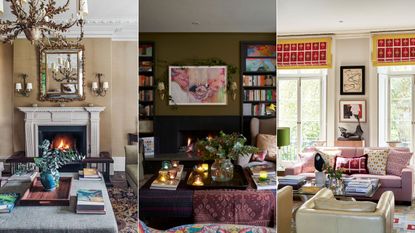 Three rooms with coffee tables covered in stacks of books