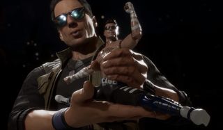 Johnny Cage holds his own action figure smugly in Mortal Kombat 11.