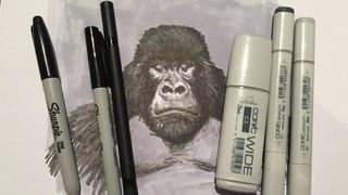 black and white drawing: gorilla and marker pens