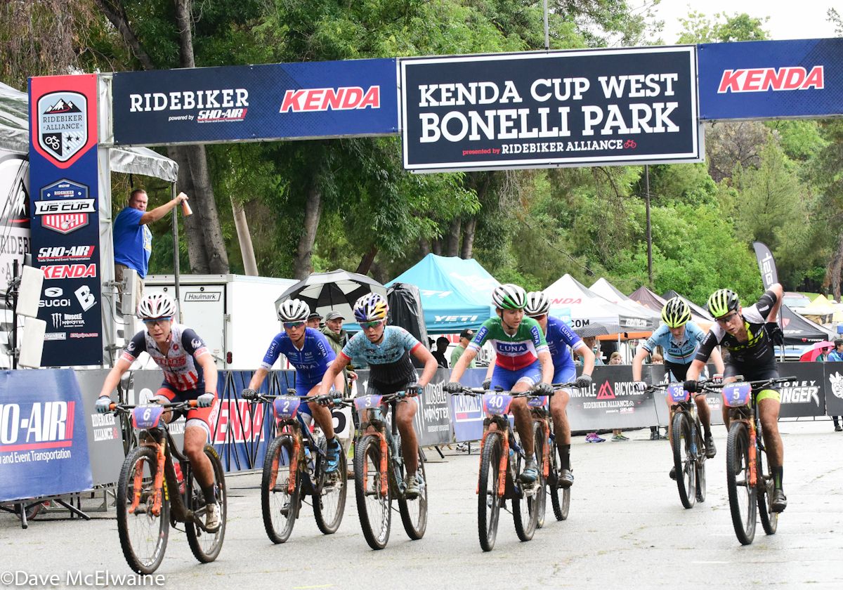 A select group of seven riders came through the start-finish with one lap to go. It included (L to R) Chloe Woodruff, Katerina Nash, Emily Batty, Eva Lechner, Georgia Gould, Daniella Campuzano, and Erin Huck