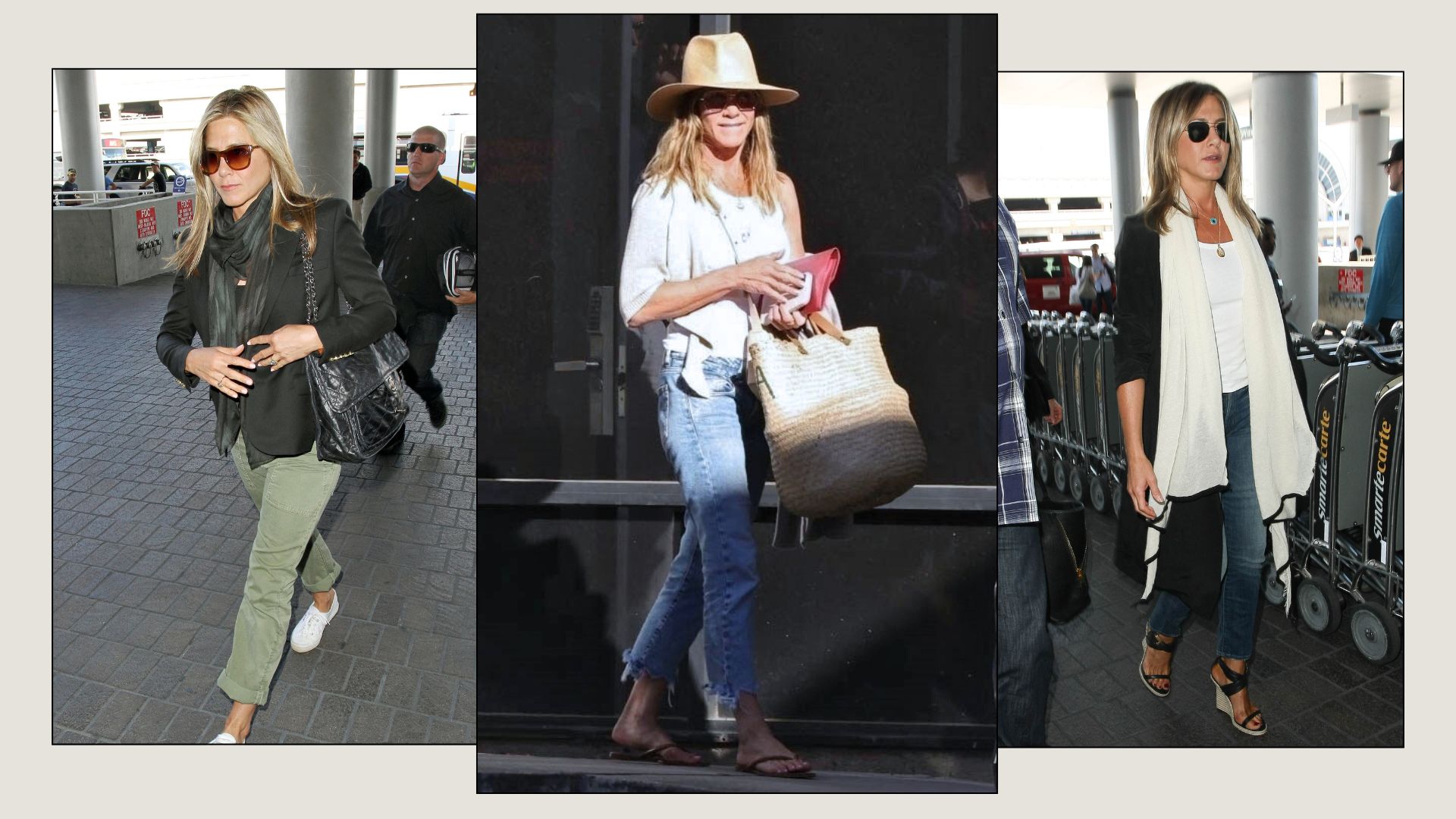A collage of the the key airport shoe trends Jennifer Aniston always wears when she travels.