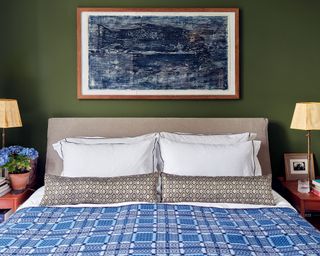 Bedroom color with green wall and blue bedding