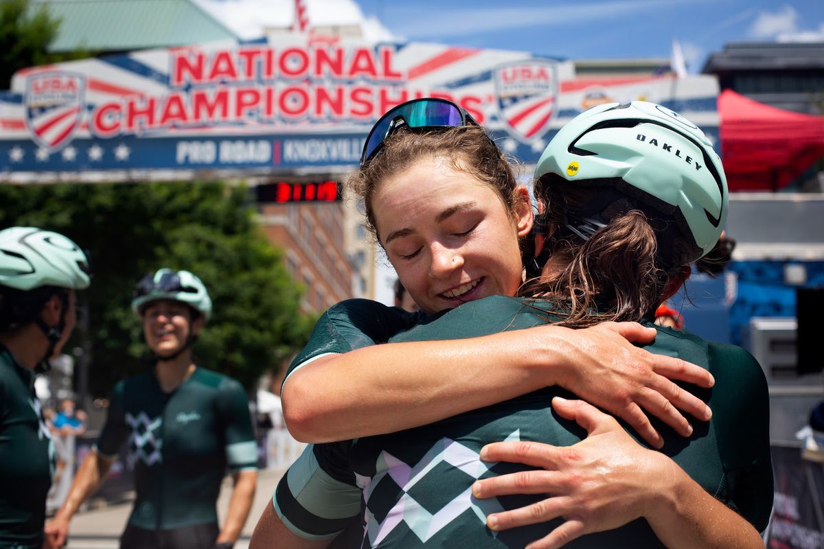 Jennifer Wheeler hugs Fount Cycling teammate Veronica Ewers for taking bronze at 2021 USPRO road championships