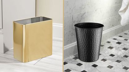Gold metal trash can in white bathroom, black hammered effect trash can in black and white bathroom