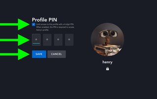 Arrows point to the Profile PIN toggle, the 4-digit boxes and the Save button in Disney Plus' Profile PIN page