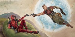 Deadpool 2 Wade Wilson and Cable mimicking Michelangelo's The Creation of Adam