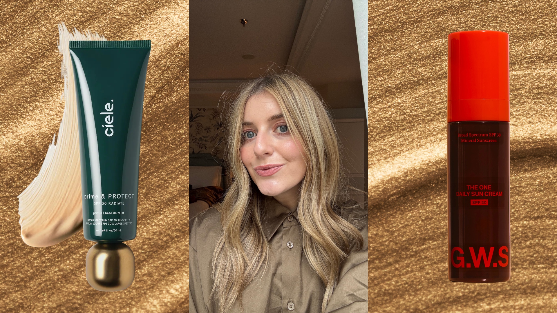 samantha holender on a shimmering gold background next to spfs