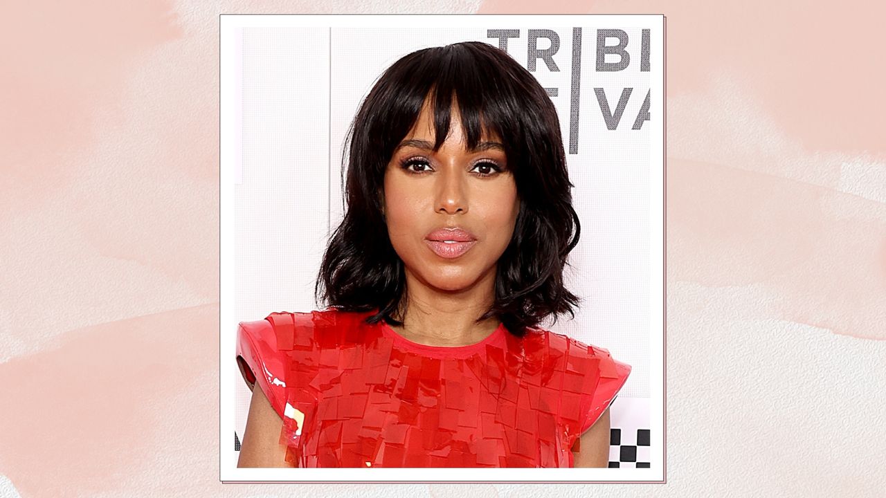 Kerry Washington is pictured with a wavy bob and full fringe and wearing a red dress whilst attending &quot;The Knife&quot; Premiere during the 2024 Tribeca Festival at SVA Theater on June 09, 2024 in New York City/ in a pink watercolour paint-style template