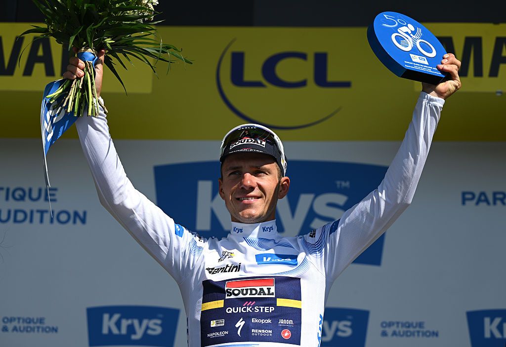 LAVAL, FRANCE - JULY 12: Remco Evenepoel of Belgium and Team Soudal Quick-Step celebrates at podium as White best Young Rider Jersey winner during the 112th Tour de France, Stage 8 a 197km stage from Saint-Meen-le-Grand to Laval (Espace Mayenne) / #UCIWT / on July 12, 2025 in Laval, France.