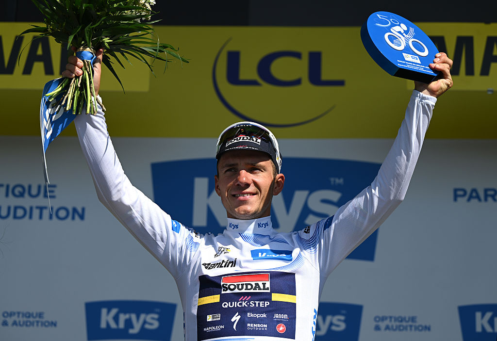LAVAL, FRANCE - JULY 12: Remco Evenepoel of Belgium and Team Soudal Quick-Step celebrates at podium as White best Young Rider Jersey winner during the 112th Tour de France, Stage 8 a 197km stage from Saint-Meen-le-Grand to Laval (Espace Mayenne) / #UCIWT / on July 12, 2025 in Laval, France.