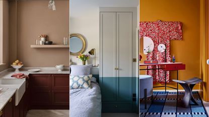 neutral kitchen, blue and white bedroom, orange dressing room