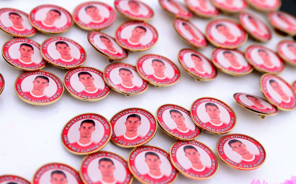 Cristiano Ronaldo pin badges for sale outside Old Trafford