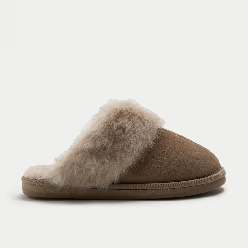 M&amp;amp;S, Suede Faux Fur Trim Mule Slippers