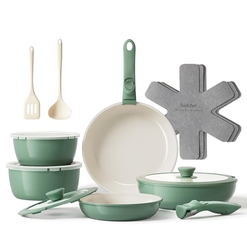 Redchef 16pcs Ceramic Pots and Pans Set Non Stick, Detachable Cookware Set