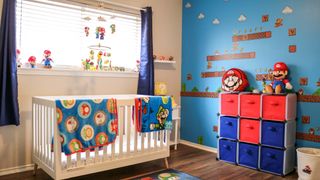 A wide shot of a Mario-themed nursery