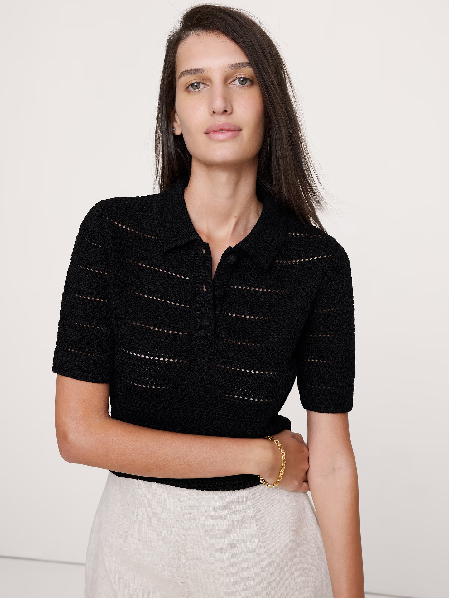 Banana Republic, Crochet Stripe Cotton Sweater Polo