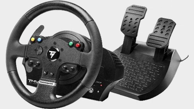 Thrustmaster TMX Force Feedback Racing Wheel with pedals on a grey background