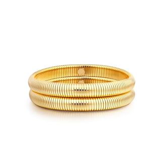 Gold Bangle multi-layer Bracelets for Women Stretchy Stainless steel Link Chain Flexible Wide Wristband Boho Bracelets (8mm wide, 7.0 inches long)